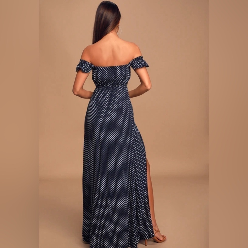 Lulus Dream Regency Nautical Blue Polka Dot Off-the-Shoulder Maxi Dress size Med - Picture 5 of 14
